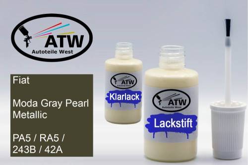 Fiat, Moda Gray Pearl Metallic, PA5 / RA5 / 243B / 42A: 20ml Lackstift + 20ml Klarlack - Set, von ATW Autoteile West.